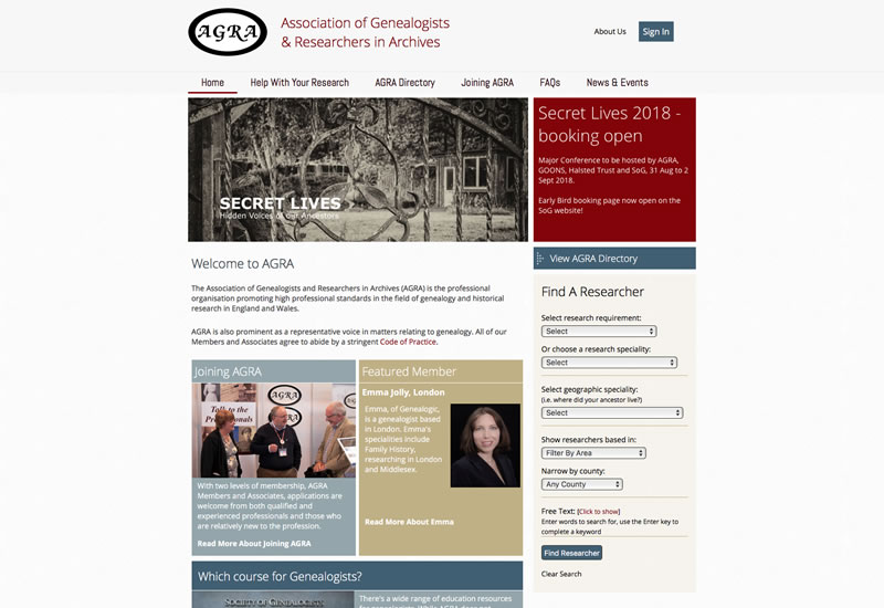 Website design for Association of Genealogists and Researchers in Archives (AGRA)