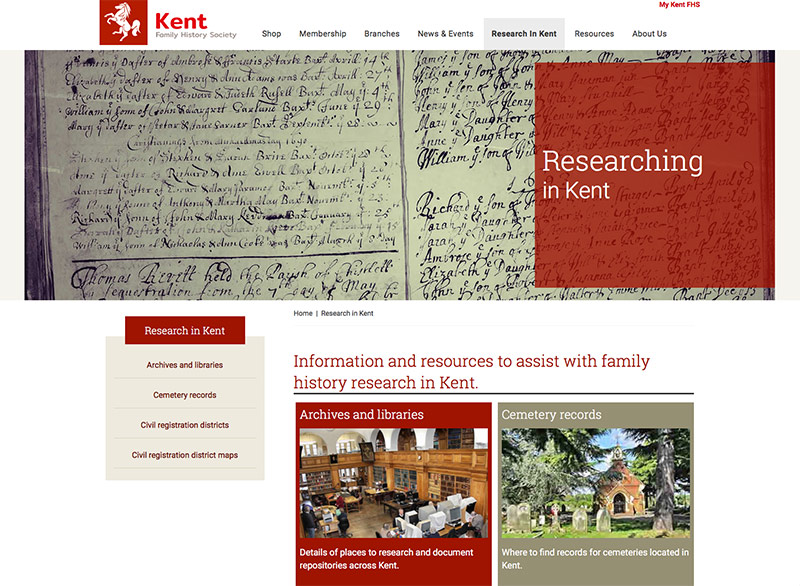 Website design for Kent Family History Society