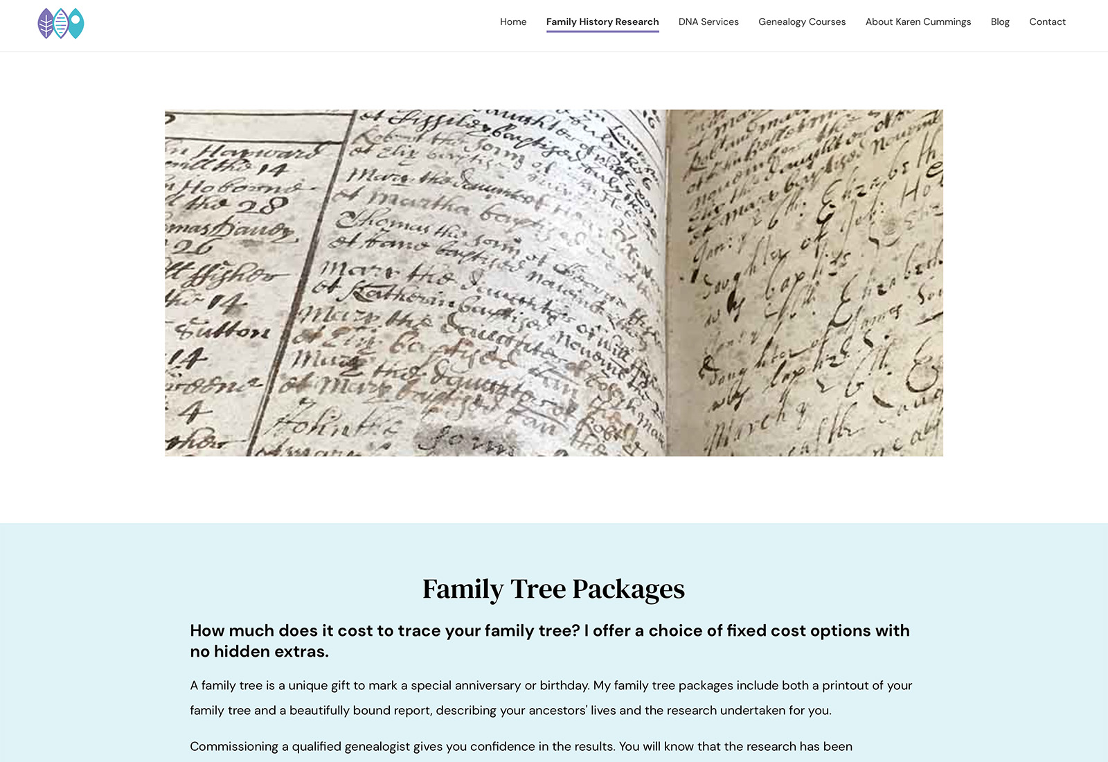 Website design for Karen Cummings, Professional Family History