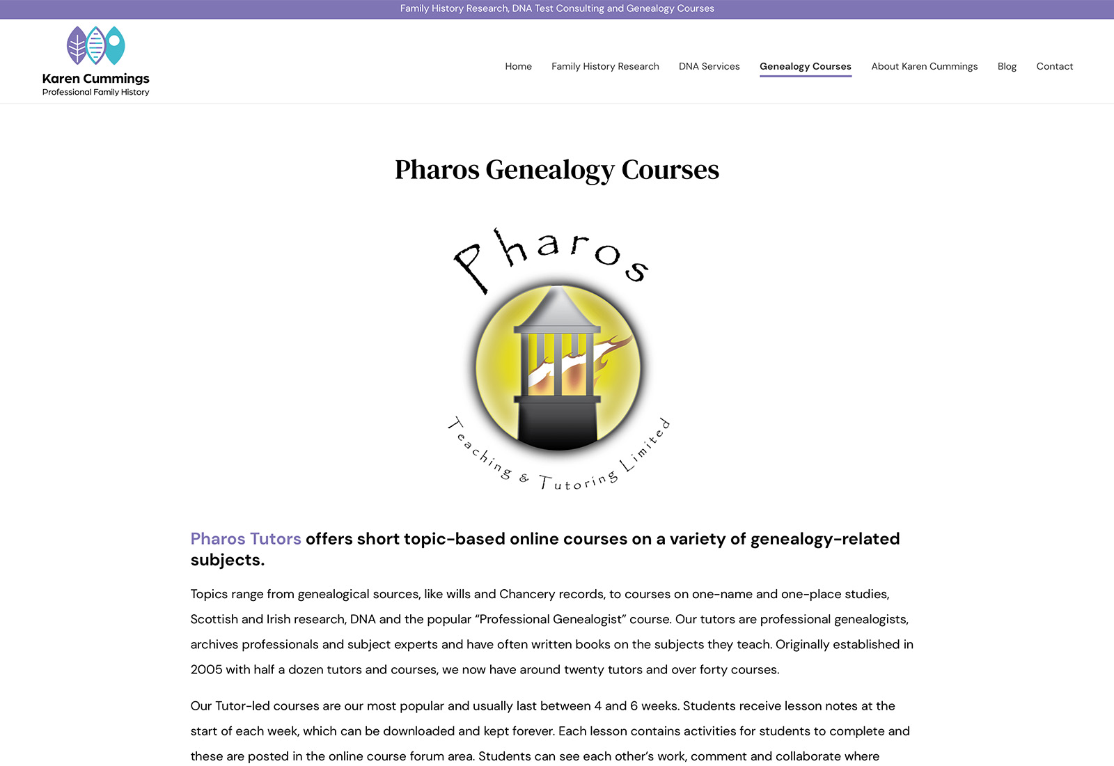 Website design for Karen Cummings, Professional Family History