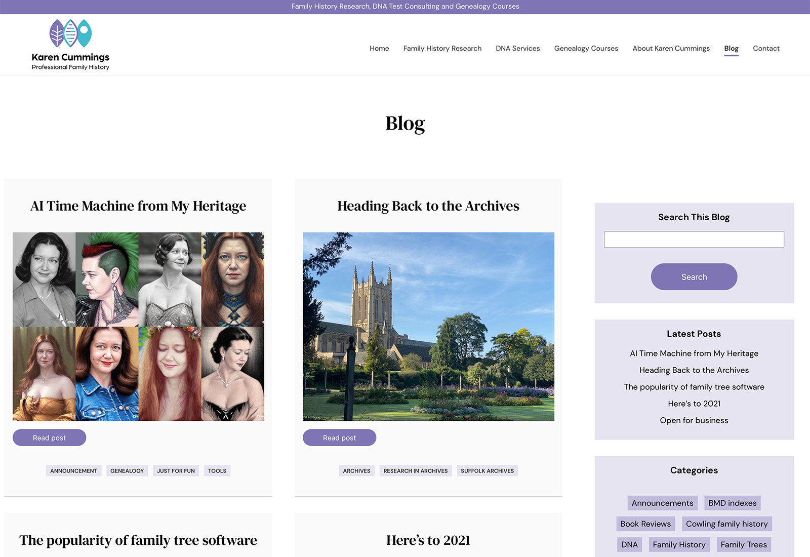 Website design for Karen Cummings, Professional Family History
